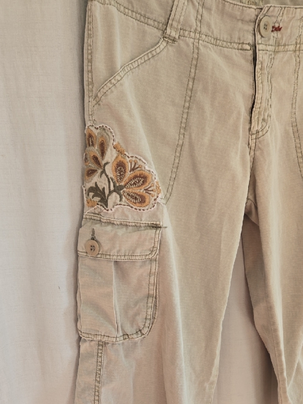 Natural Reflections Khaki Embroidered Cargo Capris - Picture 3 of 10